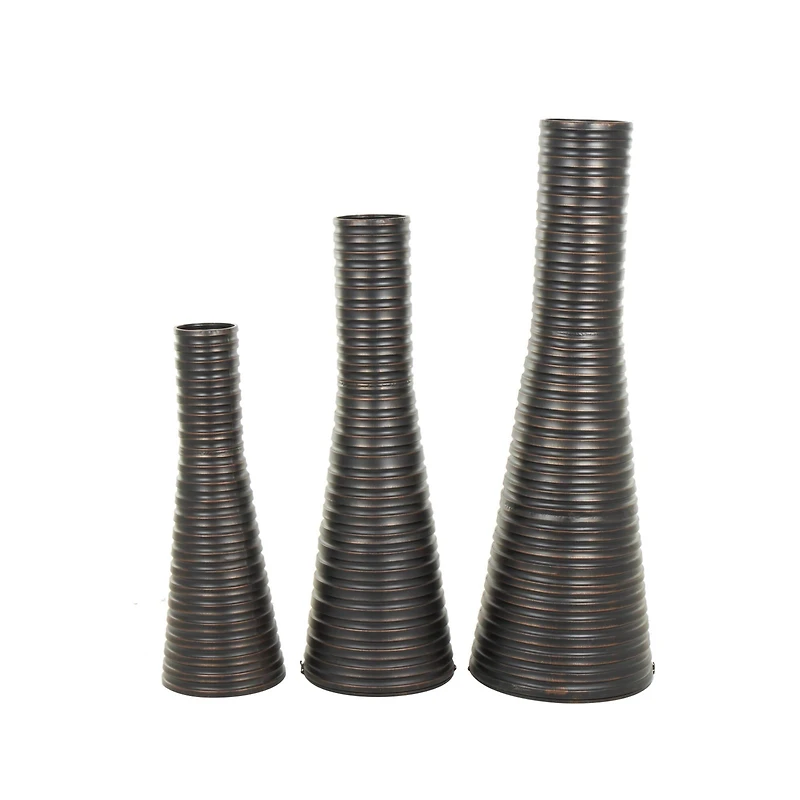 Bronze Ribbed Tall Cone Floor Vase with Horizontal Grooves Set