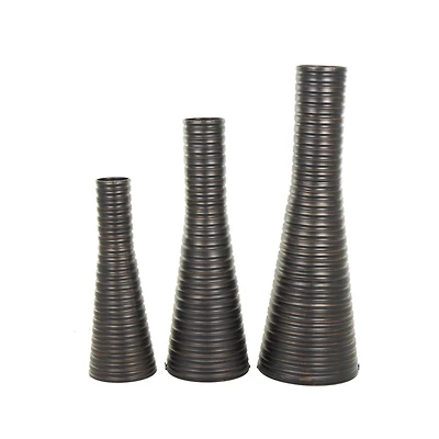 Bronze Ribbed Tall Cone Floor Vase with Horizontal Grooves Set