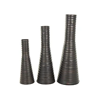 Bronze Ribbed Tall Cone Floor Vase with Horizontal Grooves Set