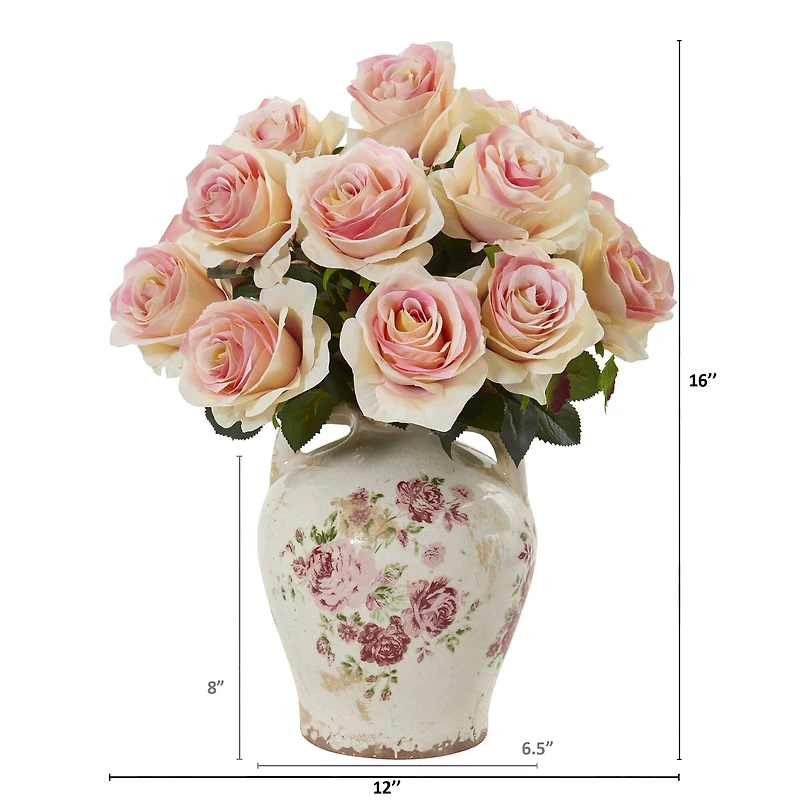 16" Pink Rose Arrangement in Flower Printed Vase
