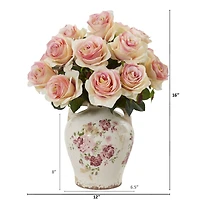 16" Pink Rose Arrangement in Flower Printed Vase