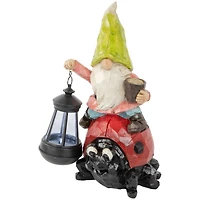 12.25" Solar LED-Lit Gnome & Ladybug Outdoor Garden Statue