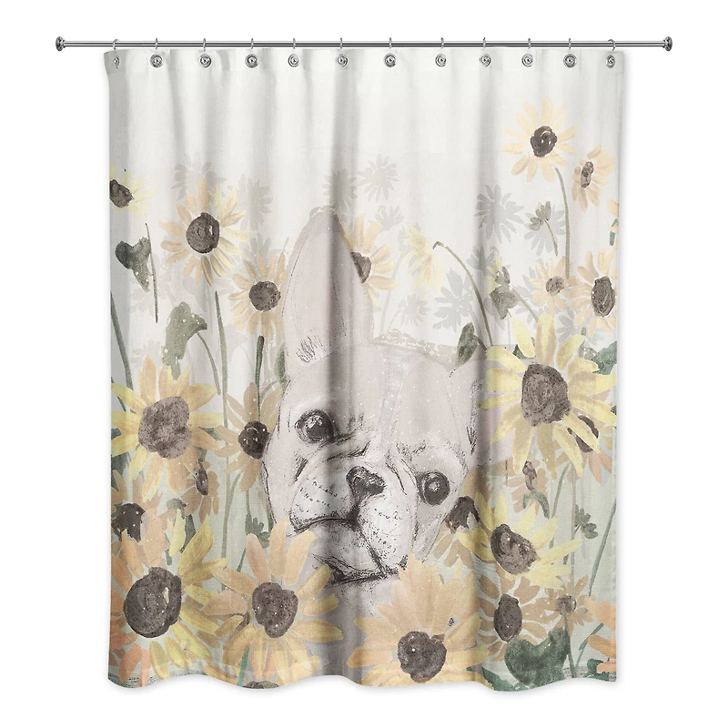 Frenchie Sunflower Field 71" x 74" Shower Curtain