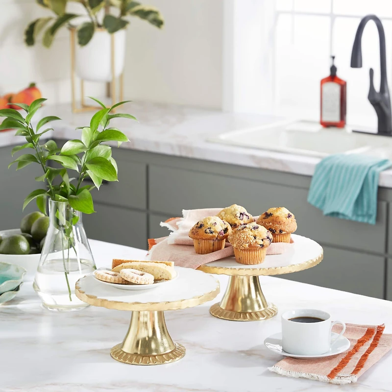 Set of 2 Gold Marble Natural Cake Stand, 12", 10"