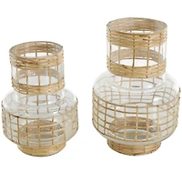 Clear Glass Double Ring Rattan Wrapped Vase Set