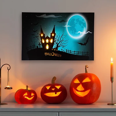 LED Lighted Eerie Church in Cemetery Halloween Canvas Wall Art