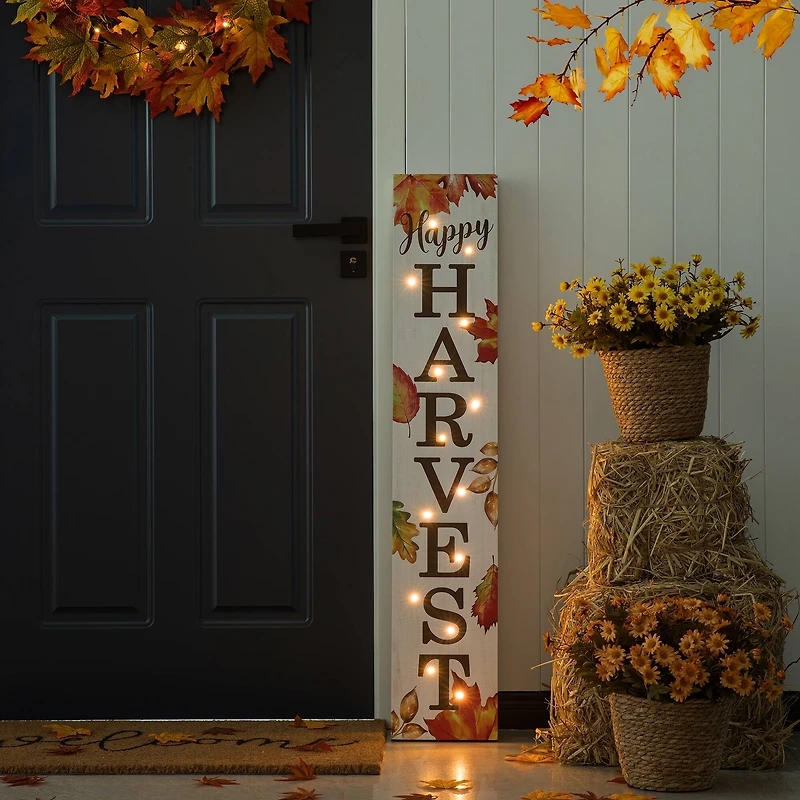 Glitzhome® 42" Fall Lighted Maple Leaves Wooden Porch Sign with Timer