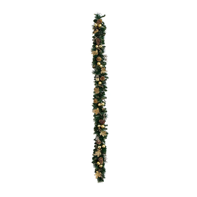 9ft. Pre-Lit Artificial Golden Frosted Christmas Garland with 50 Warm White LED Lights Pinecones, Berries and Ornaments