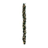 9ft. Pre-Lit Artificial Golden Frosted Christmas Garland with 50 Warm White LED Lights Pinecones, Berries and Ornaments