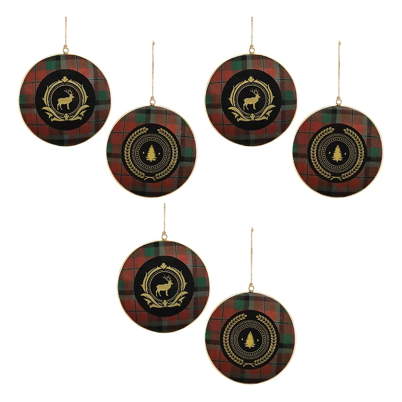 Metal Deer and Pine Tree Plaid Disc Ornament Set