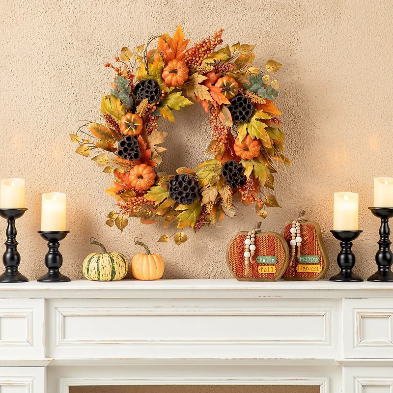 Glitzhome® 24" Fall Pumpkin Leaf Floral Wreath