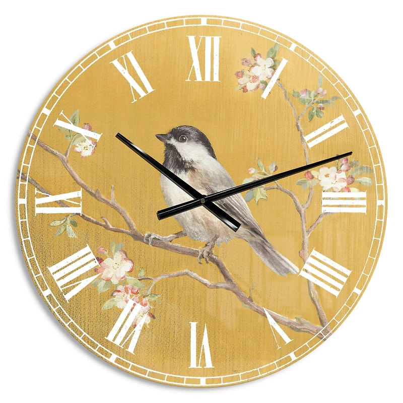 Designart 'Gold Bird On Blossoms Iv Farmhouse Wall Clock