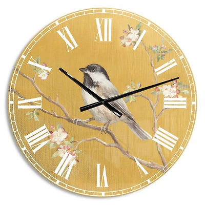 Designart 'Gold Bird On Blossoms Iv Farmhouse Wall Clock