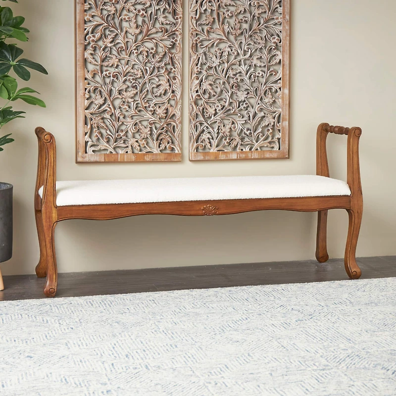 55" Cream Fabric Arm Bench with Brown Traditional Wood Turned Legs
