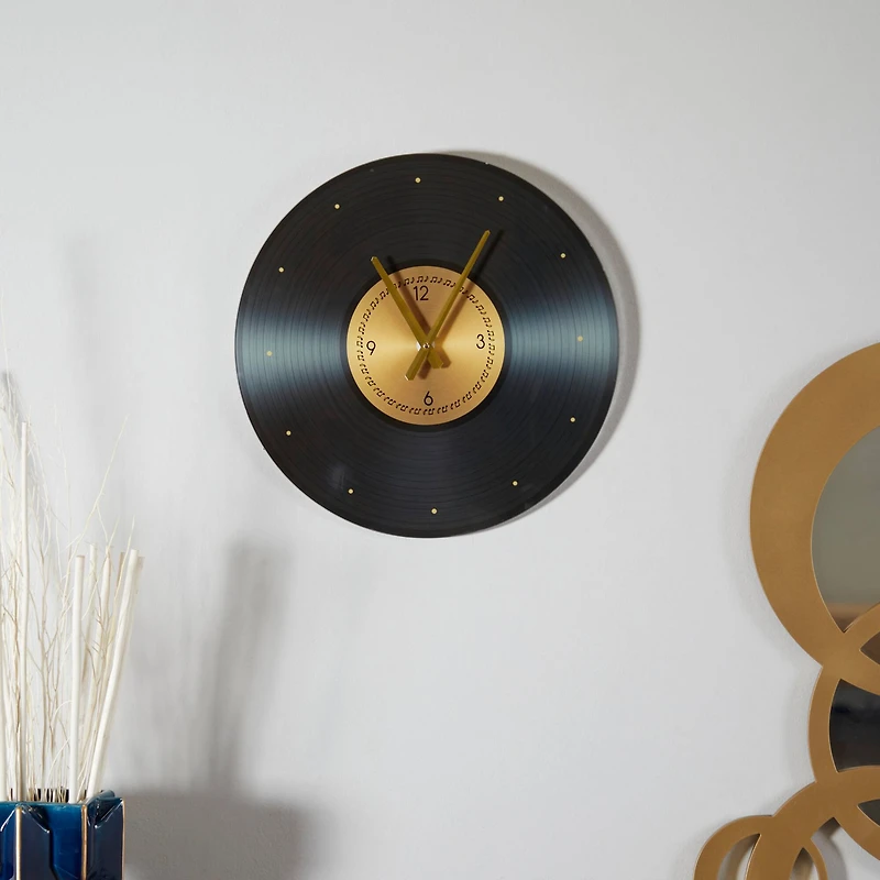 The Novogratz 20" Black Glass Record Style Musical Notes Wall Clock