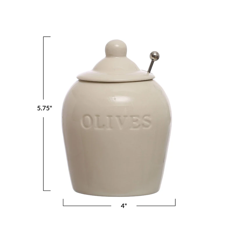 Hello Honey® 4" Debossed Olives Stoneware Jar with Stainless Steel Slotted Spoon Set