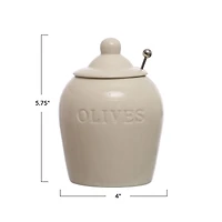 Hello Honey® 4" Debossed Olives Stoneware Jar with Stainless Steel Slotted Spoon Set
