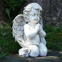 13.5" Gray Kneeling Praying Cherub Angel Outdoor Statue