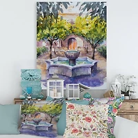 Designart - Small Fountain Picture With Trees In The Village