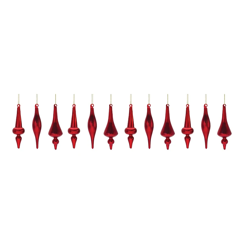 6" Red Ribbed Glass Finial Ornament Set