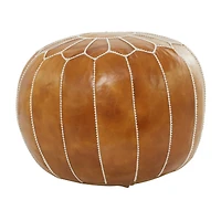 Light Brown Leather Bohemian Pouf, 24" x 24" x 18"