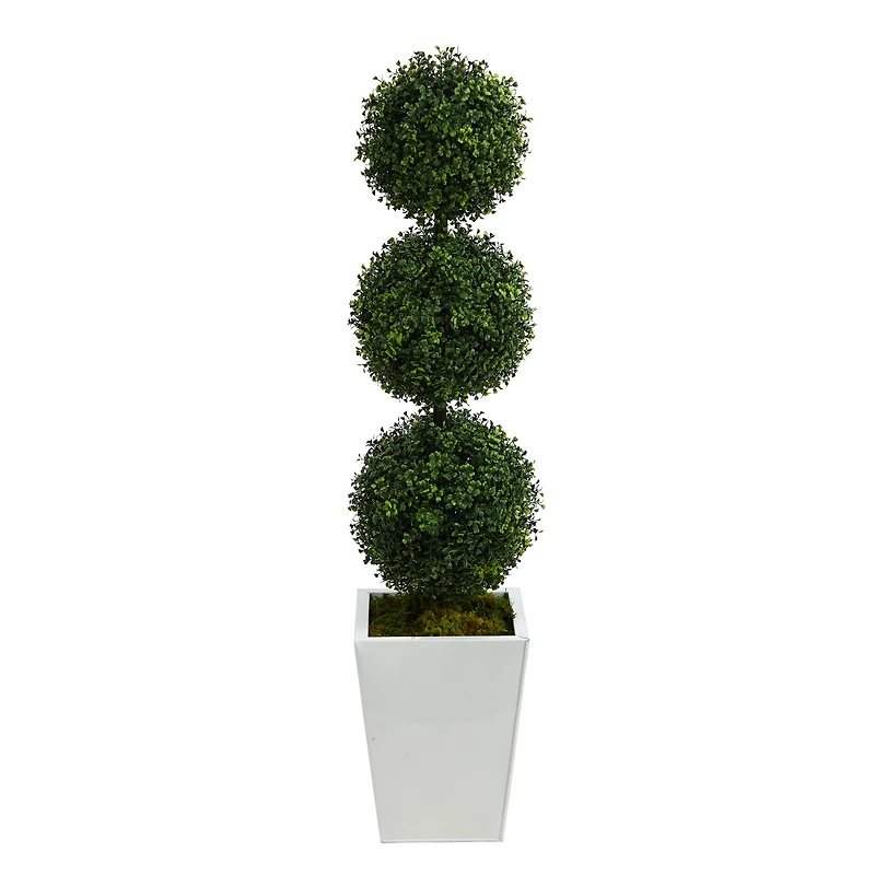 4ft. Boxwood Triple Ball Topiary Artificial Tree in White Metal Planter