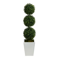 4ft. Boxwood Triple Ball Topiary Artificial Tree in White Metal Planter