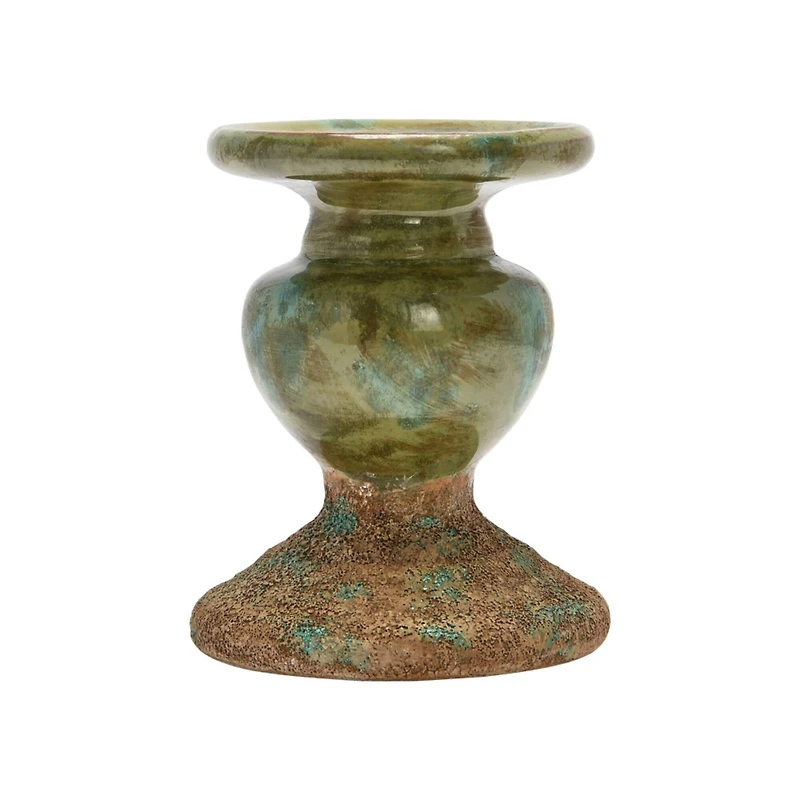 Hello Honey® Distressed Green 2-Tone Sculptural Terracotta Pillar Candle Holder