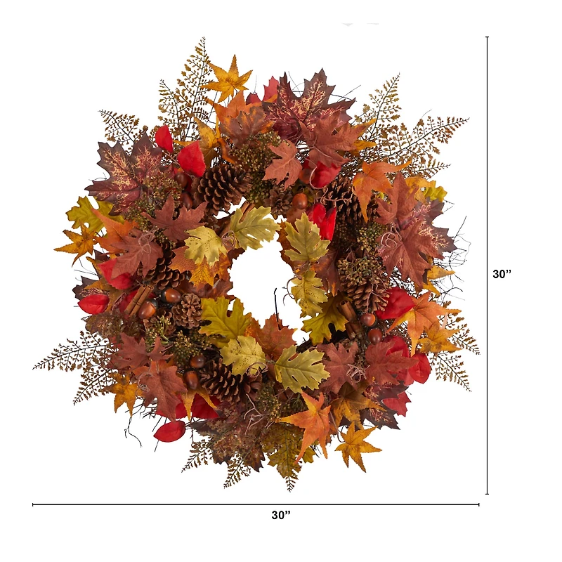 30" Autumn Maple Leaves, Acorn, Pinecones & Cinnamon Sticks Wreath