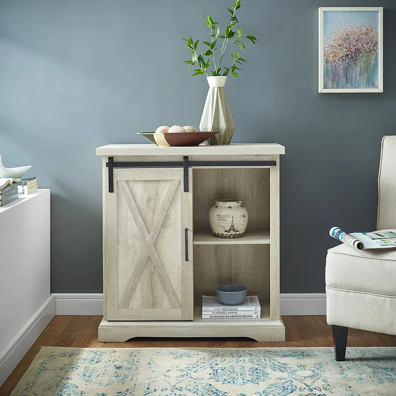 Walker Edison 32" White Oak Sliding Barn Door Farmhouse Accent Cabinet