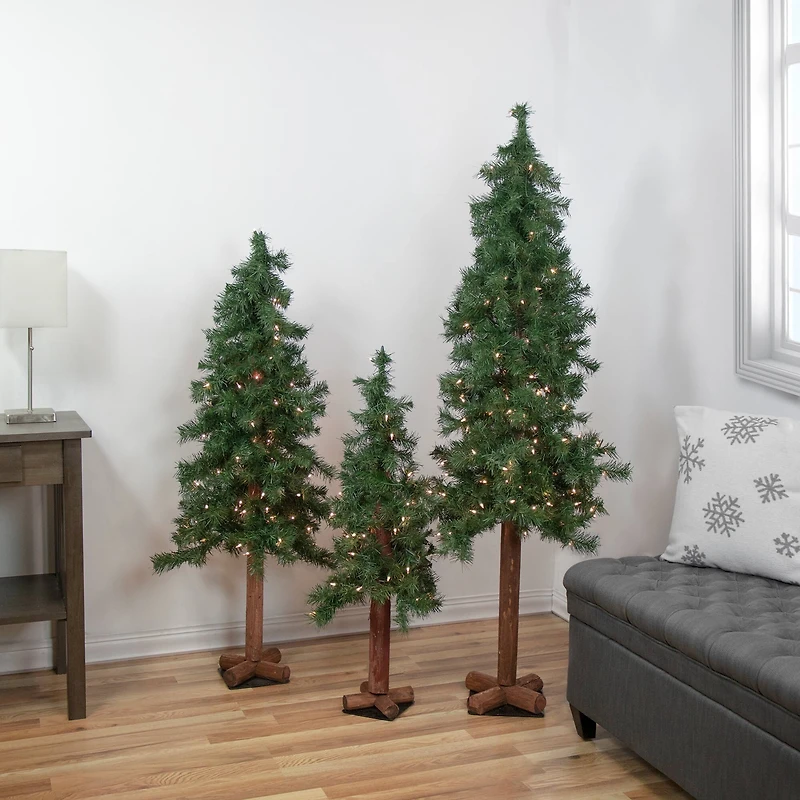 3ft., 4ft., & 5ft. Pre-Lit Woodland Alpine Artificial Christmas Tree Set, Clear Lights