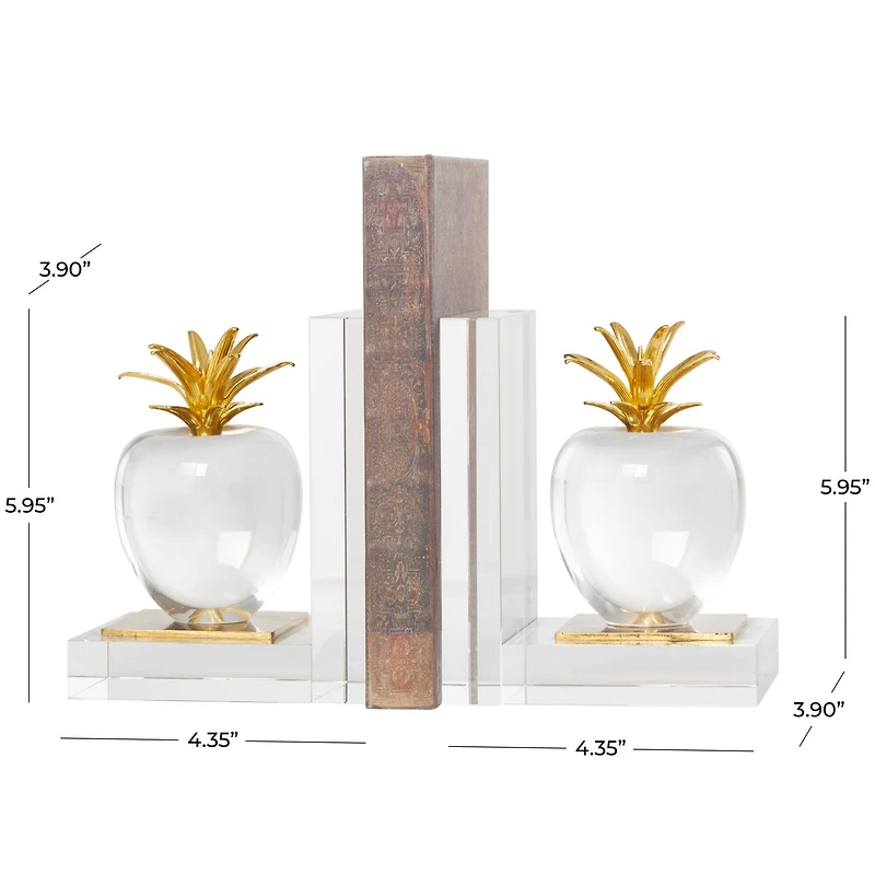 6" Clear Crystal Fruit Apple Bookends with Gold Leaves Set