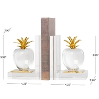 6" Clear Crystal Fruit Apple Bookends with Gold Leaves Set