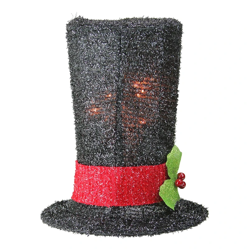 9" Lighted Black Tinsel Snowman Top Hat Christmas Tree Topper, Clear Lights
