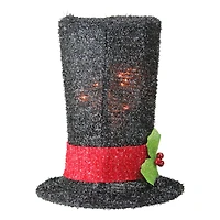 9" Lighted Black Tinsel Snowman Top Hat Christmas Tree Topper, Clear Lights