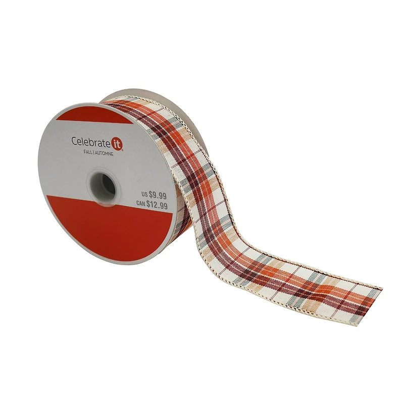 1.5" x 10yd. Orange & White Plaid Faux Linen Wired Ribbon by Celebrate It® 