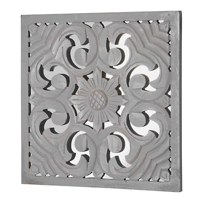 American Art Décor™ 16" Distressed Reflective Gray Floral Wood Square Wall Medallion