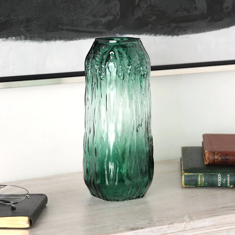 11" Green Ombre Handmade Abstract Textured Rectangular Glass Vase
