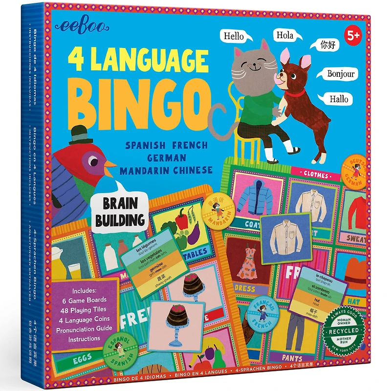 eeBoo Spanish, French, German & Mandarin Chinese 4 Language Bingo