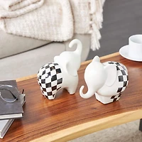White Ceramic Elephant Sculpture with Checkered Pattern Set