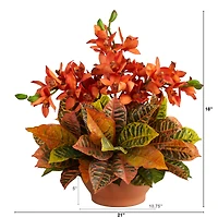 18" Boat Orchid & Croton Floral Arrangement in Terra Cotta Vase