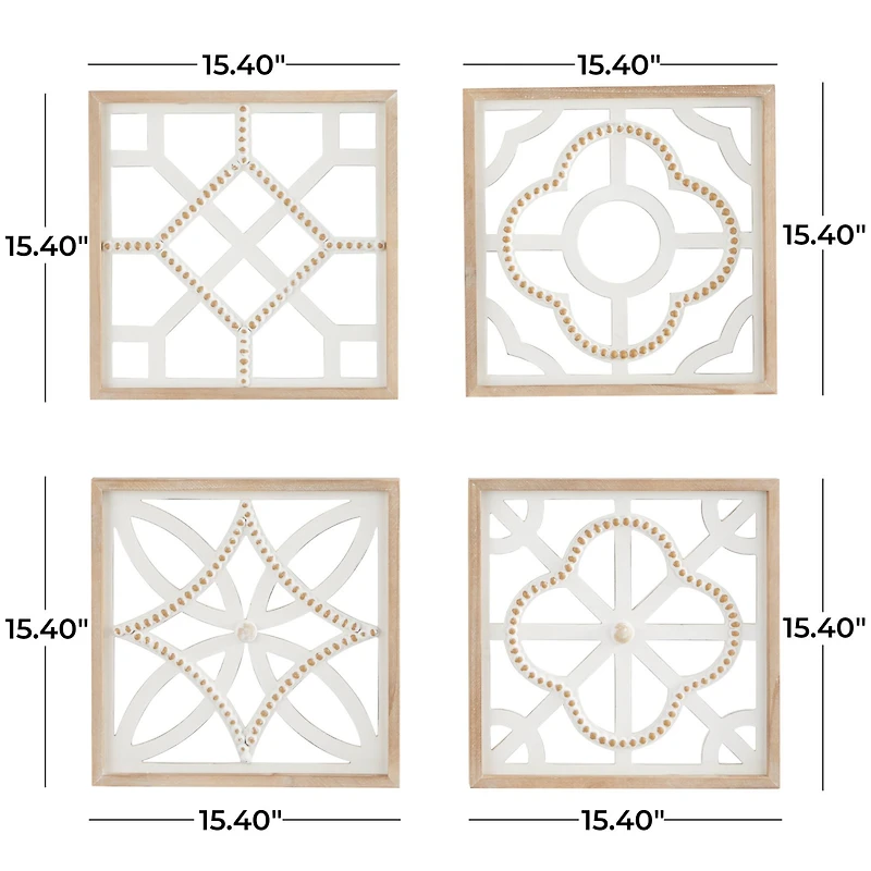 White Wood Beaded Geometric Wall Decor Set of 4 15", 15"