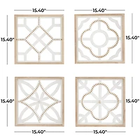 White Wood Beaded Geometric Wall Decor Set of 4 15", 15"