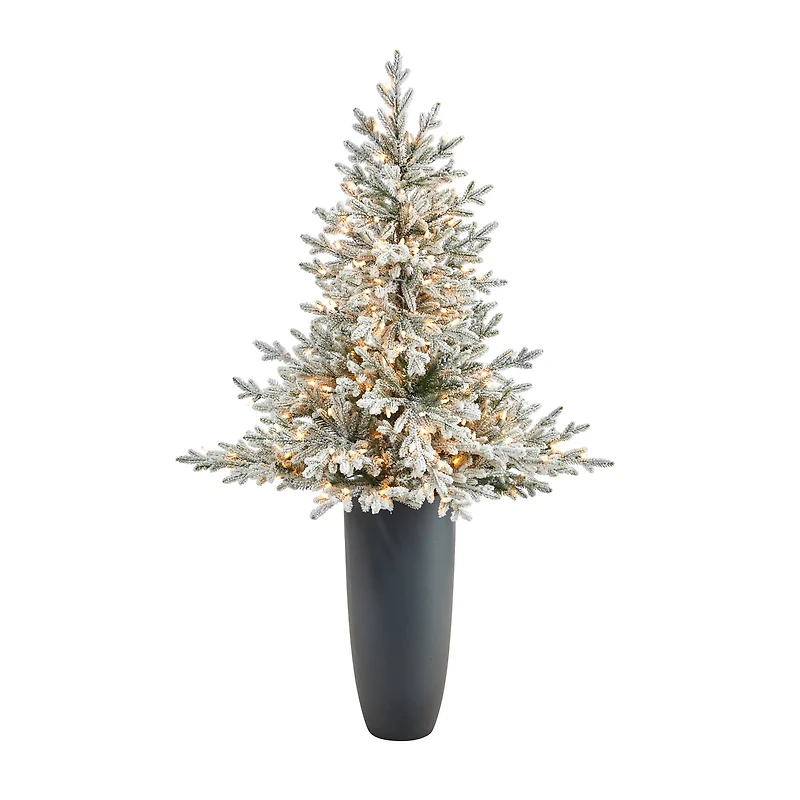 5ft. Pre-Lit Flocked Fraser Fir Artificial Christmas Tree in Gray Planter, Warm White Lights