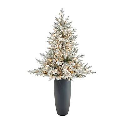 5ft. Pre-Lit Flocked Fraser Fir Artificial Christmas Tree in Gray Planter, Warm White Lights