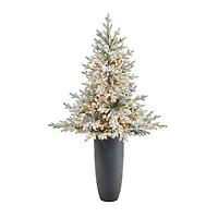 5ft. Pre-Lit Flocked Fraser Fir Artificial Christmas Tree in Gray Planter, Warm White Lights