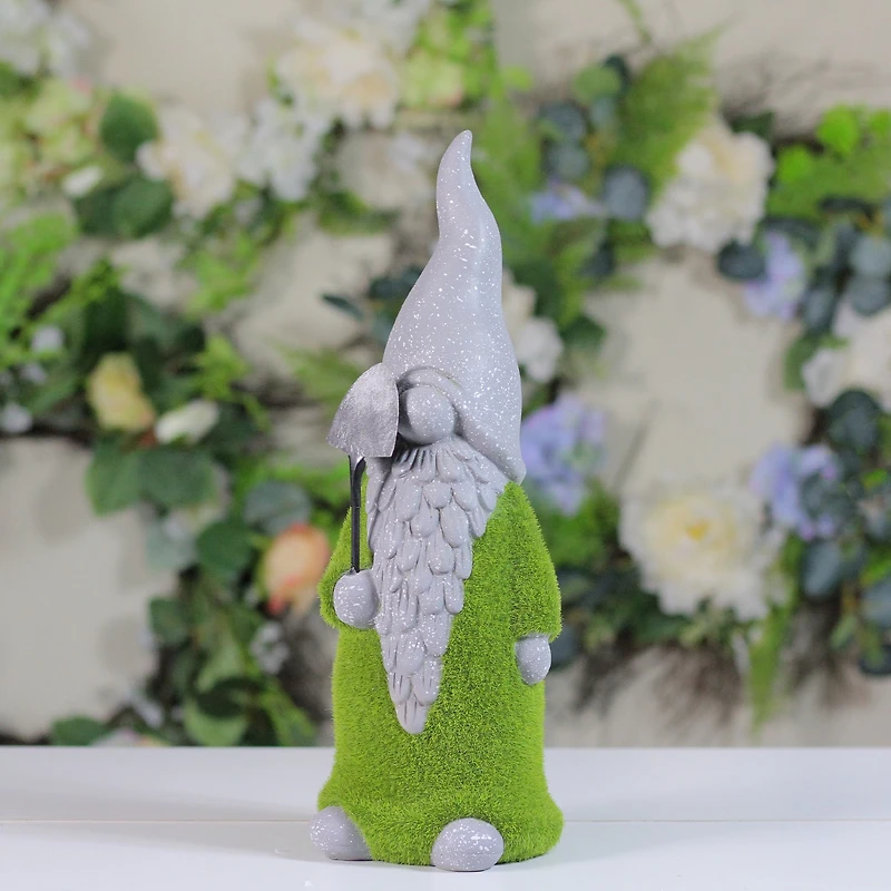 13.5" Faux Moss Covered Gnome with Shovel Outdoor Garden Statue