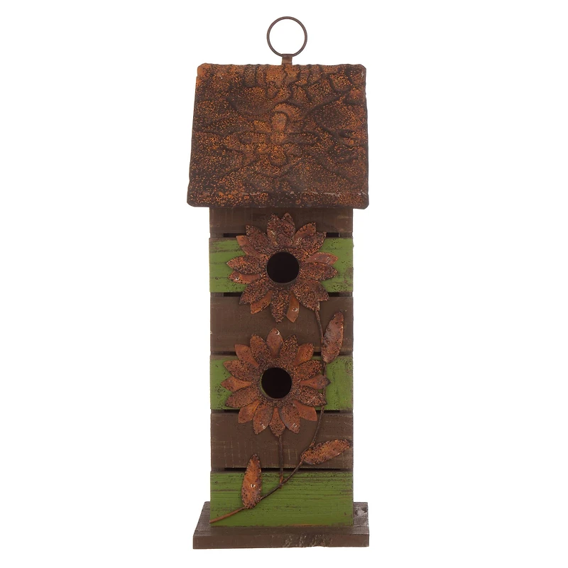Glitzhome® Hanging 2-Tiered Distressed Wood Bird House with Flowers