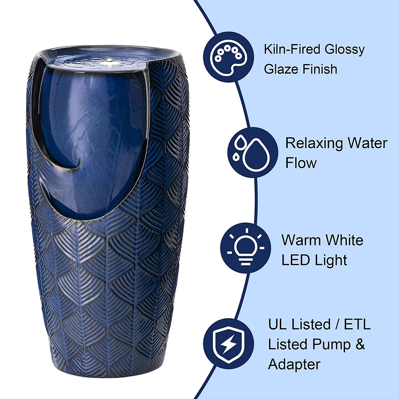 Glitzhome® 29.25" LED Cobalt Blue Scale-Like Ceramic Pot Outdoor Floor Fountain