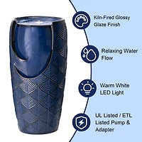 Glitzhome® 29.25" LED Cobalt Blue Scale-Like Ceramic Pot Outdoor Floor Fountain